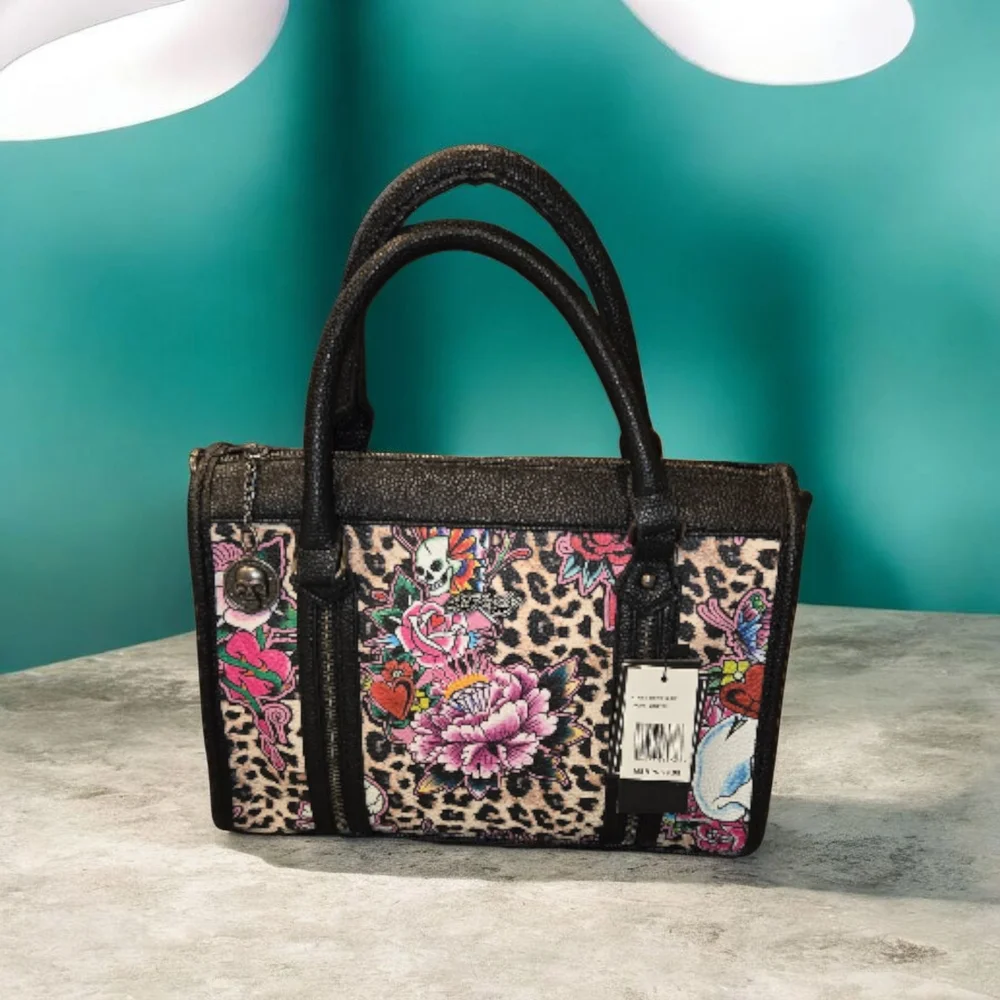 Ed Hardy Satchel Bag In Cheetah with Floral Skull Design, NWT - Picture 2 of 8